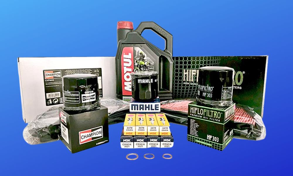 Complete Motorcycle service kits including oil, fuel filter, oil filter, air filter, spark plugs, motorcycle engine oil. Motul; ngk; mahle; hiflo; champion; belray; twin air - they also do chain and sprocket kits, brake pad kits, motorcycle combo deals
