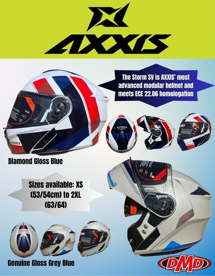 The Storm SV is AXXIS’ most advanced modular helmet and meets ECE 22.06 homologation. Meticulously designed down to the last detail, it combines sporty lines with multifunctionality. The versatility of this two-in-one helmet combined with the highest level of aerodynamics, internal sunvisor and ECE 22.06 homologation makes the Storm SV the perfect companion for exploration on two wheels. Storm SV visor is made of anti-scratch material in optical polycarbonate. Innovative quick release mechanism allows PJ double homologation. Multiple air outlets and extractions with top and front air inlets and rear outlets to ensure the excellent internal ventilation of the Storm SV. The interior padding is not only made of anti-allergenic fabrics that are removable and washable, they are also designed to enhance interior ventilation, preventing humidity in high temperatures. Features: 2 Outer shell sizes Small Shell: XS-S-M Large Shell: L-XL-2XL Sizes available: M (57/58cm) to 2XL (63/64cm) Anti-scratch, quick release visor ready for Pinlock Air intakes: Interior ventilation with one top and two front air inlets‍ Air extraction: Two rear outlets for evacuation of interior air Interior prepared for integration of communication systems Weight: Small shell: 1600 gr +/- 50 gr Large shell: 1650 gr +/- 50 gr