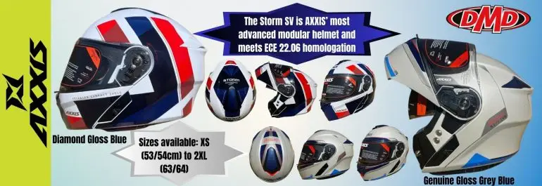 The Storm SV is AXXIS’ most advanced modular helmet and meets ECE 22.06 homologation. Meticulously designed down to the last detail, it combines sporty lines with multifunctionality. The versatility of this two-in-one helmet combined with the highest level of aerodynamics, internal sunvisor and ECE 22.06 homologation makes the Storm SV the perfect companion for exploration on two wheels. Storm SV visor is made of anti-scratch material in optical polycarbonate. Innovative quick release mechanism allows PJ double homologation. Multiple air outlets and extractions with top and front air inlets and rear outlets to ensure the excellent internal ventilation of the Storm SV. The interior padding is not only made of anti-allergenic fabrics that are removable and washable, they are also designed to enhance interior ventilation, preventing humidity in high temperatures. Features: 2 Outer shell sizes Small Shell: XS-S-M Large Shell: L-XL-2XL Sizes available: M (57/58cm) to 2XL (63/64cm) Anti-scratch, quick release visor ready for Pinlock Air intakes: Interior ventilation with one top and two front air inlets‍ Air extraction: Two rear outlets for evacuation of interior air Interior prepared for integration of communication systems Weight: Small shell: 1600 gr +/- 50 gr Large shell: 1650 gr +/- 50 gr