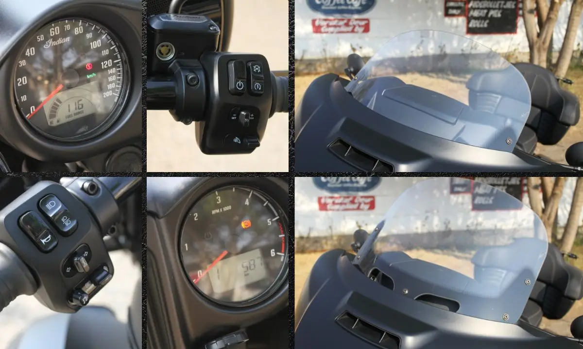 Indian Roadmaster 116 Dark Horse_ Vented & electronically height adjustable windshield, easy to use switch clusters, nice analogue speedo and rev counter