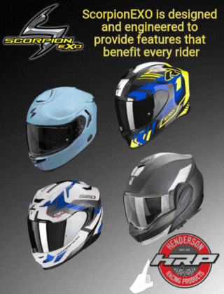 SCORPION HELMETS; METALIZE RIDER GEAR; ORIGINE HELMETS; GIANT LOOP LUGGAGE;