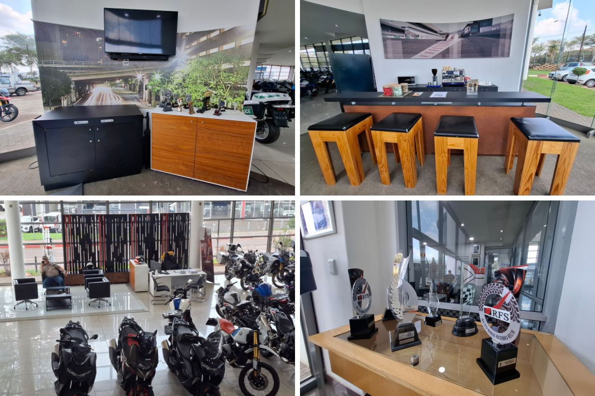BMW Motorrad GS adventure bike in South Africa BMW R 1300 GS Adventure touring motorcycle BMW F 900 GS Adventure on a dirt road BMW Motorrad dealership showroom in South Africa Riding gear and helmet display at BMW Motorrad store